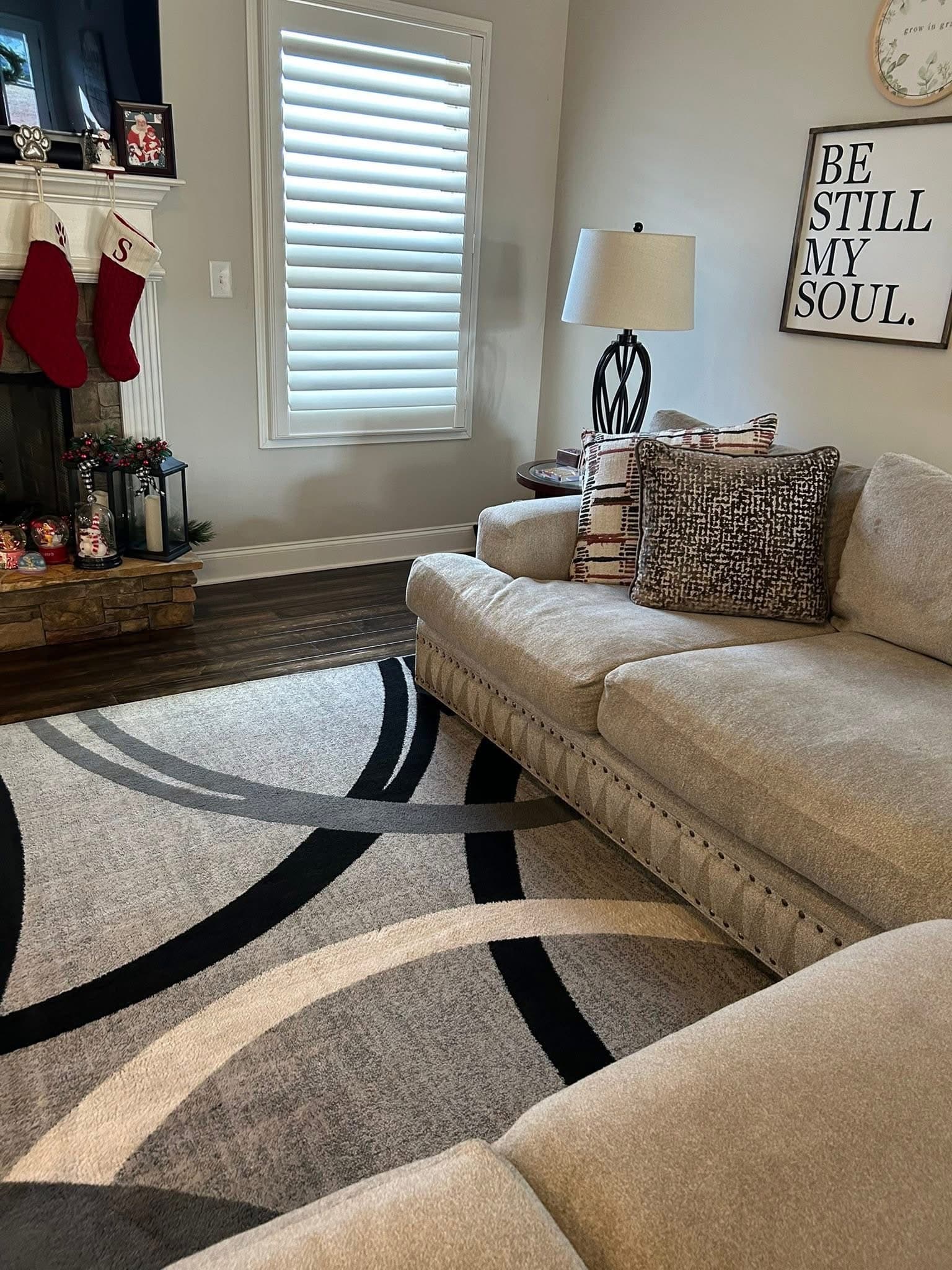 Cozy living room with clean area rug and dark hardwood floors